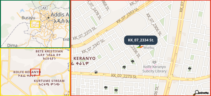 Map showing the address of KK_07_2334 St. in three different zoom levels.