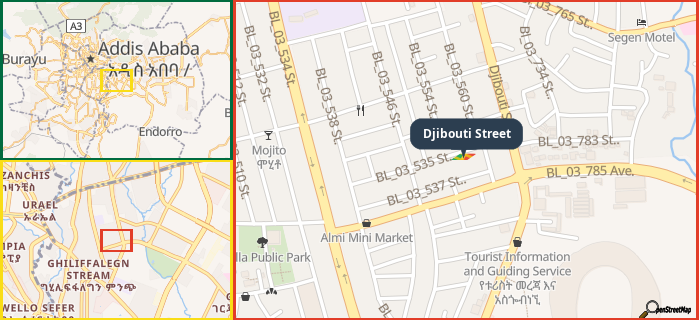 Map showing the address of Djibouti Street in three different zoom levels.