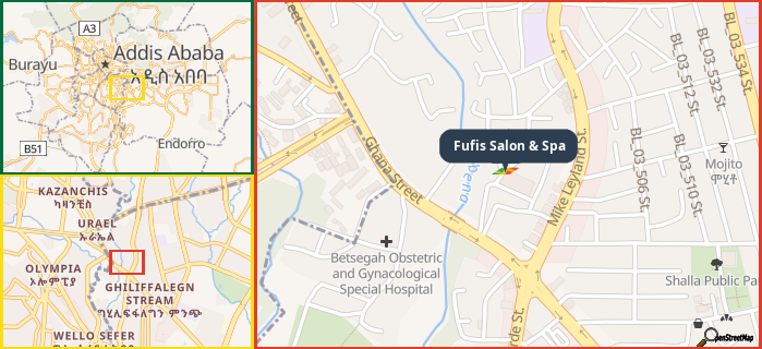 Map showing the address of Fufis Salon & Spa in three different zoom levels.