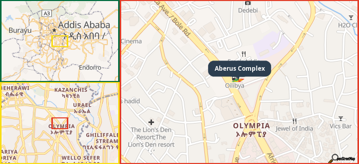 Map showing the address of Aberus Complex in three different zoom levels.