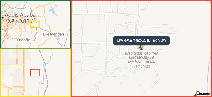 Map showing the address of አያት ቅዱስ ገብርኤል ቤተ ክርስቲያን in three different zoom levels.