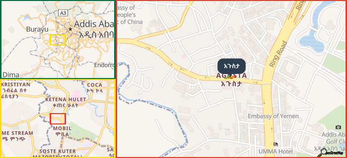 Map showing the address of አጉስታ in three different zoom levels.