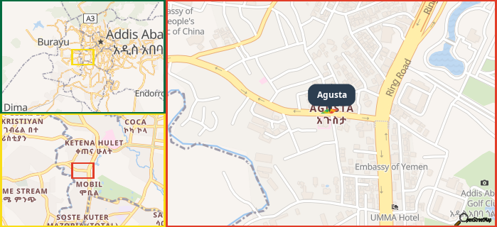 Map showing the address of Agusta in three different zoom levels.