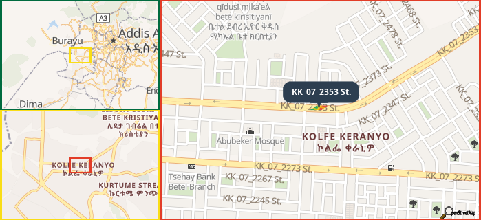 Map showing the address of KK_07_2353 St. in three different zoom levels.