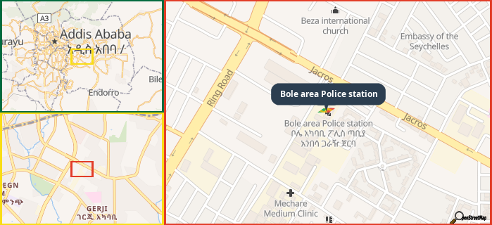 Map showing the address of Bole area Police station in three different zoom levels.