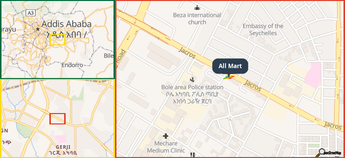 Map showing the address of All Mart in three different zoom levels.