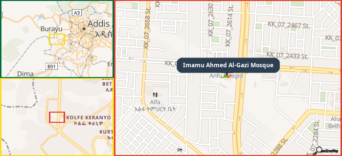Map showing the address of Imamu Ahmed Al-Gazi Mosque in three different zoom levels.