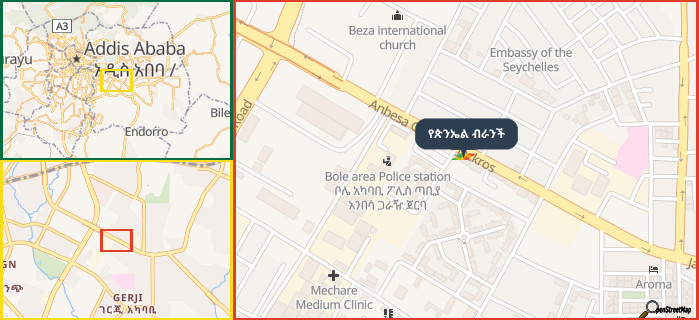Map showing the address of የጵንኤል ብራንች in three different zoom levels.