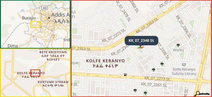 Map showing the address of KK_07_2348 St. in three different zoom levels.
