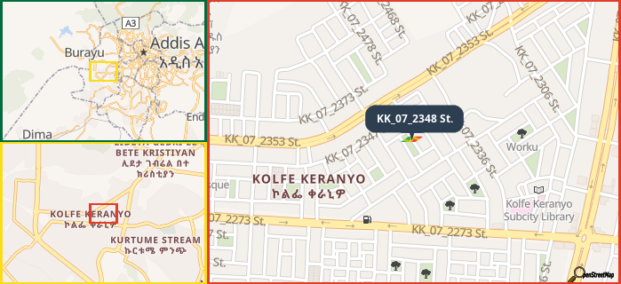 Map showing the address of KK_07_2348 St. in three different zoom levels.