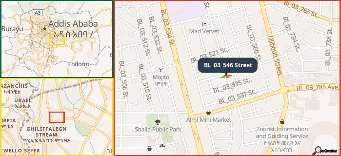 Map showing the address of BL_03_546 Street in three different zoom levels.