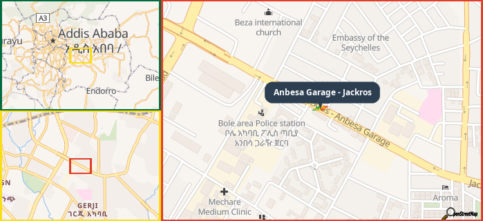 Map showing the address of Anbesa Garage - Jackros in three different zoom levels.