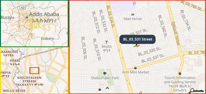 Map showing the address of BL_03_531 Street in three different zoom levels.