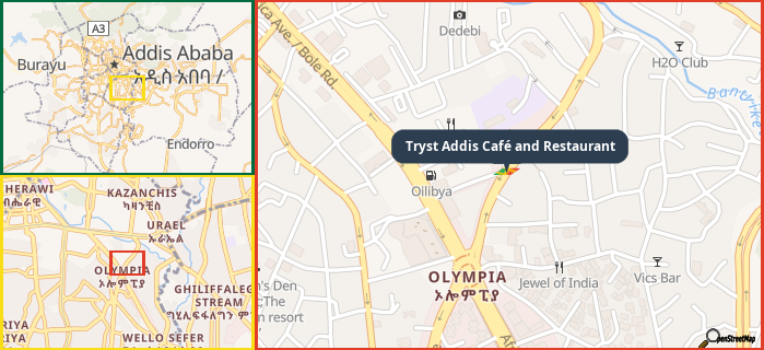 Map showing the address of Tryst Addis Café and Restaurant  in three different zoom levels.