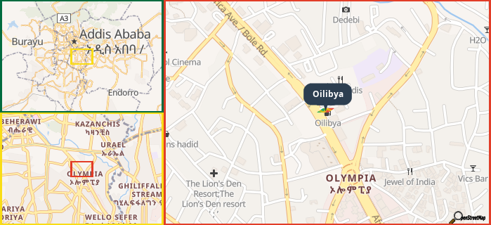 Map showing the address of Oilibya in three different zoom levels.