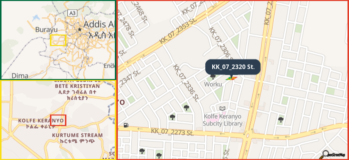 Map showing the address of KK_07_2320 St. in three different zoom levels.