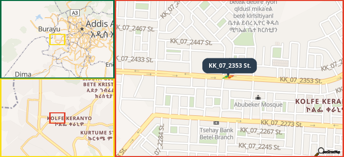 Map showing the address of KK_07_2353 St. in three different zoom levels.