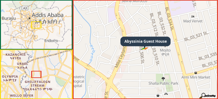 Map showing the address of Abyssinia Guest House in three different zoom levels.