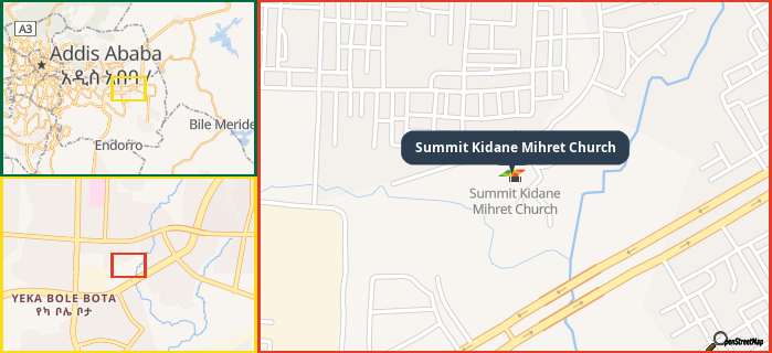 Map showing the address of Summit Kidane Mihret Church in three different zoom levels.
