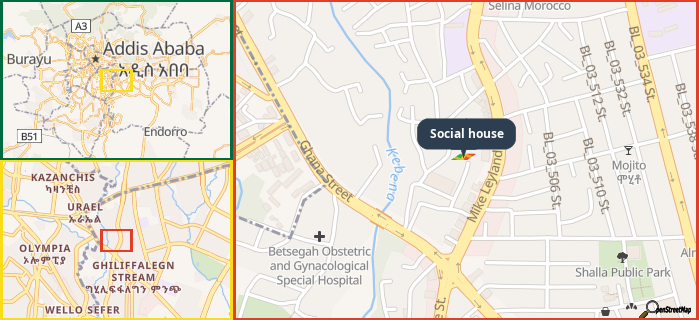 Map showing the address of Social house in three different zoom levels.