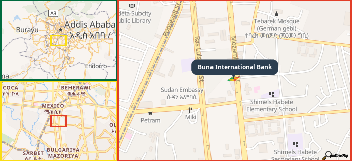 Map showing the address of Buna International Bank in three different zoom levels.