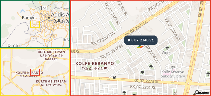 Map showing the address of KK_07_2340 St. in three different zoom levels.