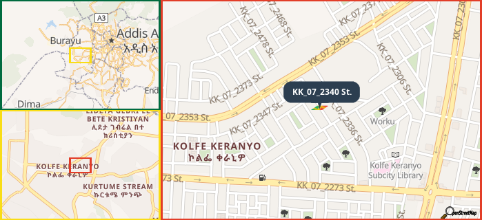 Map showing the address of KK_07_2340 St. in three different zoom levels.