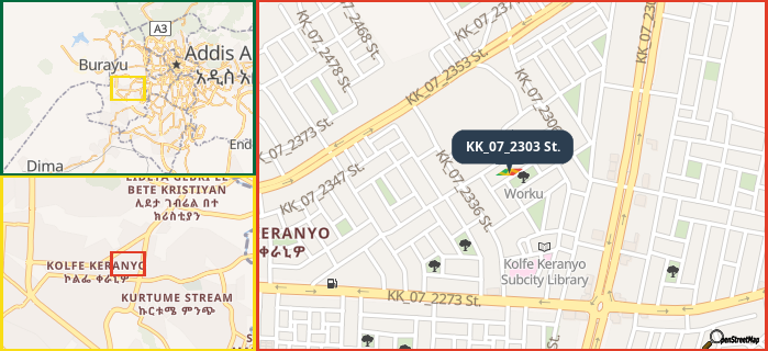 Map showing the address of KK_07_2303 St. in three different zoom levels.