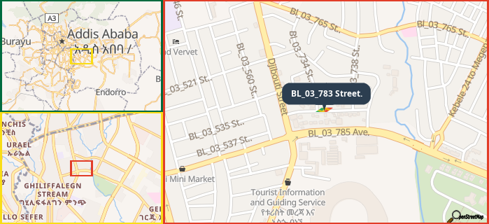 Map showing the address of BL_03_783 Street. in three different zoom levels.