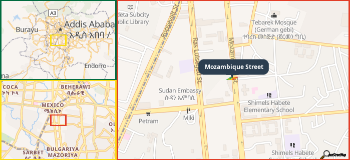 Map showing the address of Mozambique Street in three different zoom levels.