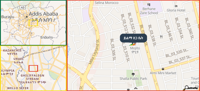 Map showing the address of ይልማ ስጋ ቤት in three different zoom levels.