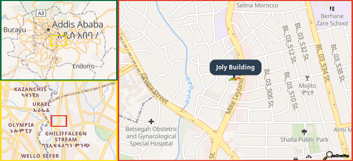 Map showing the address of Joly Building in three different zoom levels.