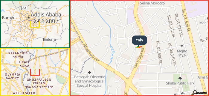 Map showing the address of Yoly in three different zoom levels.