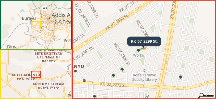 Map showing the address of KK_07_2299 St. in three different zoom levels.