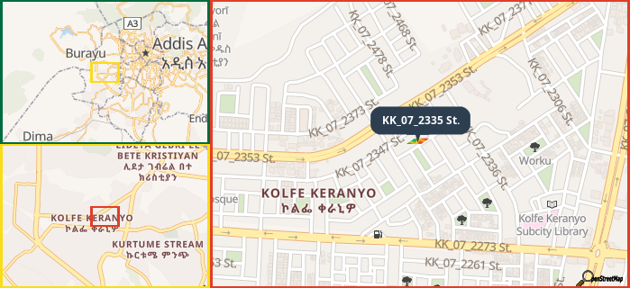 Map showing the address of KK_07_2335 St. in three different zoom levels.