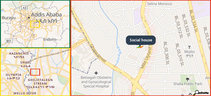 Map showing the address of Social house in three different zoom levels.