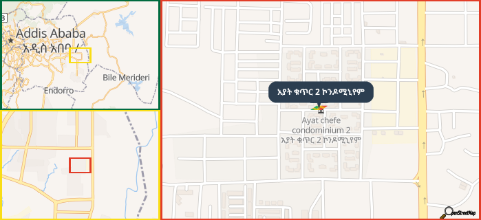 Map showing the address of አያት ቁጥር 2 ኮንዶሚኒየም in three different zoom levels.