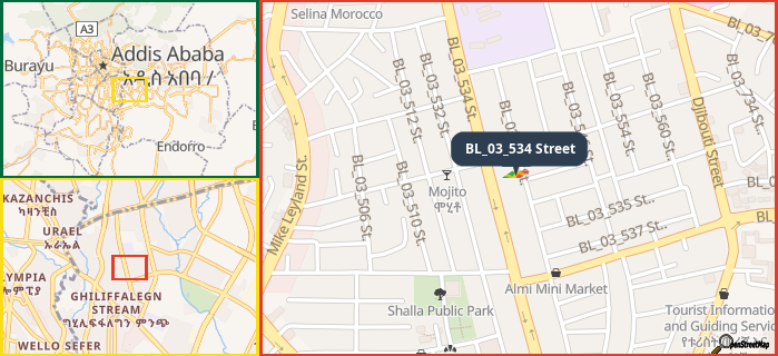 Map showing the address of BL_03_534 Street in three different zoom levels.