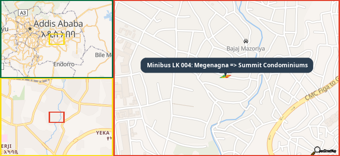 Map showing the address of Minibus LK 004: Megenagna => Summit Condominiums in three different zoom levels.