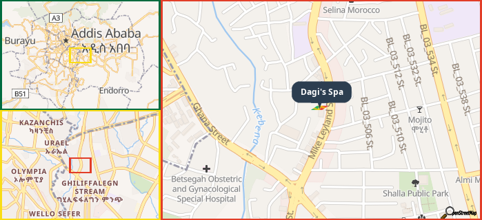 Map showing the address of Dagi's Spa in three different zoom levels.