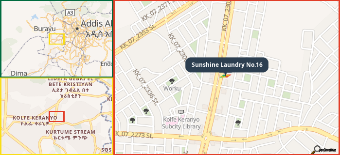 Map showing the address of Sunshine Laundry No.16 in three different zoom levels.