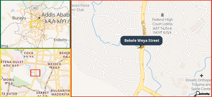 Map showing the address of Bekele Weya Street in three different zoom levels.