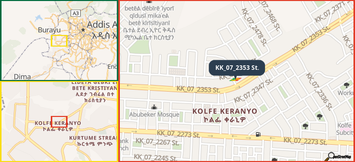 Map showing the address of KK_07_2353 St. in three different zoom levels.