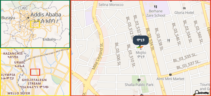 Map showing the address of ሞሂቶ in three different zoom levels.