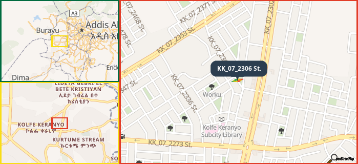 Map showing the address of KK_07_2306 St. in three different zoom levels.