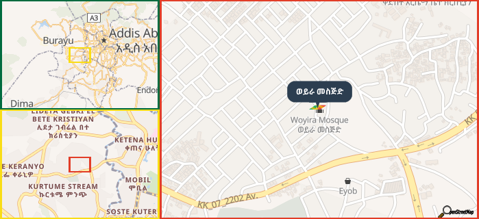 Map showing the address of ወይራ መስጅድ in three different zoom levels.