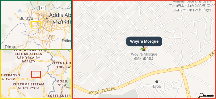 Map showing the address of Woyira Mosque in three different zoom levels.