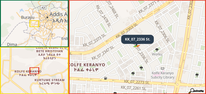 Map showing the address of KK_07_2336 St. in three different zoom levels.