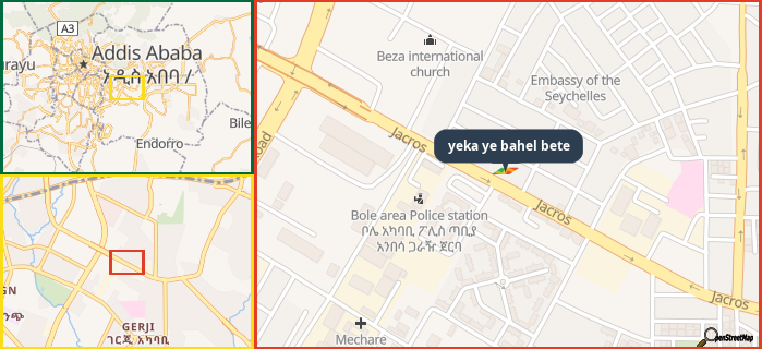 Map showing the address of yeka ye bahel bete in three different zoom levels.