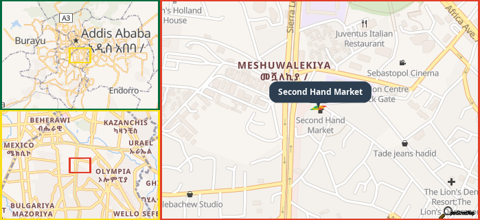 Map showing the address of Second Hand Market in three different zoom levels.